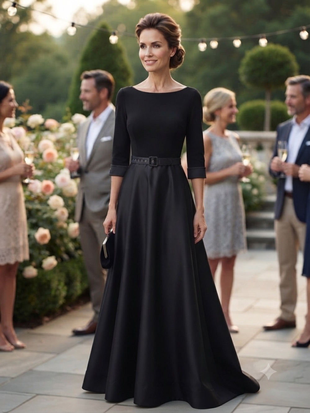 Elegant Black Boatneck Maxi Dress with Belt